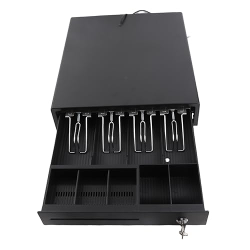 Volcora Tiroir caisse enregistreuse pour système de point de vente (POS) avec plateau à 2 étages entièrement amovible, 5 billets/8 pièces, 24 V, serrure à clé RJ11/RJ12, double fente multimédia, noir
