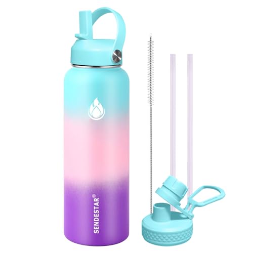 Image of SENDESTAR Water Bottle 40oz Double Wall Vacuum Insulated Leak Proof Stainless Steel Sports Water Bottle-Wide Mouth with New Flex Straw Lid & Spout Lid (Hydrangea)