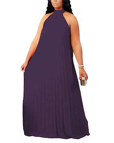 Image of Aro Lora Womens Casual Sleeveless Plus Size Chiffon Halter Neck Pleated Loose Long Maxi Dress