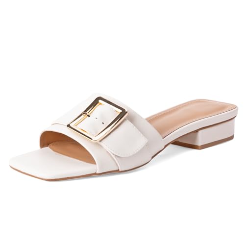 Image of Women's Slide Heeled Sandals Opened Square Toe Chunky Block Heel Slippers with Buckle Slip on Casual Comfortable Pumps