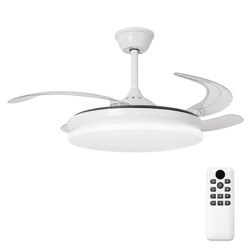 Parrot Uncle Ventilador de Techo con Luz y Aspas Retráctiles, 36W, Motor DC Silencioso, Diámetro 106cm, Función Verano e Invierno, 6 Velocidades, Programable, Mando a Distancia, Blanco