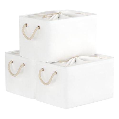 Yawinhe Lot de 3 Paniers de Rangement Pliables, Tissu, Boîtes pour étagères, avec Cordon de Serrage et 2 Poignées, pour Vêtements, Blanc, 33x23x20cm,...