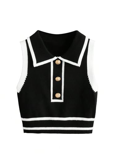Verdusa Women's Button Down Old Money Striped Sleeveless Sweater Vest Collar Knit Top