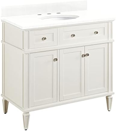 Signature Hardware 464733 Elmdale 36" Free Standing Single Vanity Set with Mahogany Cabinet, Vanity Top, and Oval Undermount Vitreous China Sink - 8" Faucet Holes - White/Feathered White