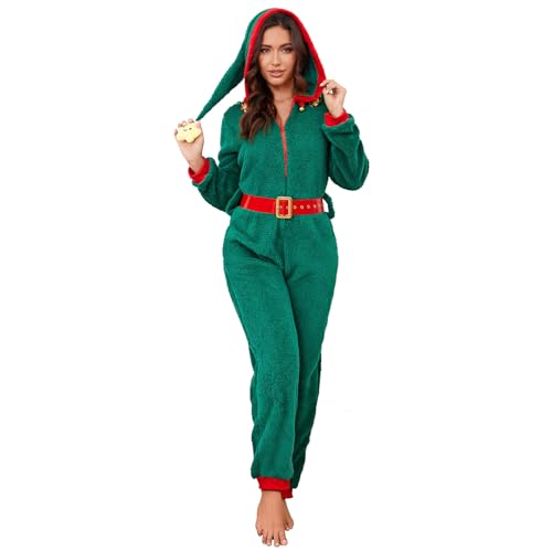 SUOSDEY Christmas Onesies for Women Unisex Hooded Jumpsuit Long Sleeve Zip Up One Piece Pajamas Novelty Sleepwear with Convenient Pockets and Belts Green