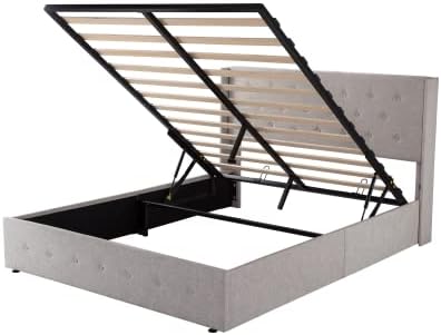 IMUsee Queen Size Platform Bed Frame with Lifting Storage, Button Tufted Headboard with Wingback, Underneath Storage Space, Fabric Upholstered, No Box Spring Needed, Beige