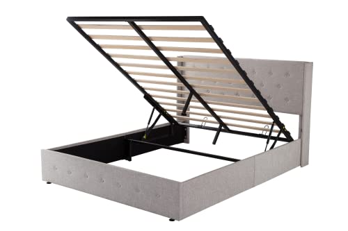 Imusee Queen Size Platform Bed Frame With Lifting Storage, Button Tufted Headboard With Wingback, Underneath Storage Space, Fabric Upholstered, No Box Spring Needed, Beige #TOP3