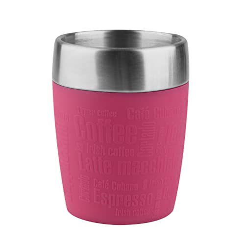 Emsa Travel Mug - Taza térmica de 0,2 l, mantiene la temperatura, acero inoxidable con base antideslizante y zona de agarre de silicona con letras grabadas, color rosa