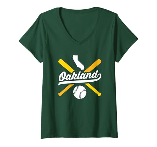 Womens Oakland Baseball Vintage California Pride Love City Green V-Neck T-Shirt