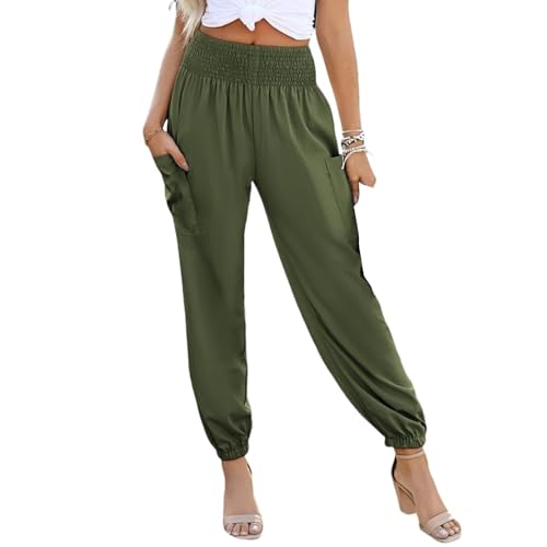 Womens Casual Boho Pants Elastic High Waist Loose Fit Long Pants Smocked Cargo Business Summer Pant with Pockets 20253