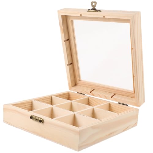 Luxshiny Wooden Tea Bag Organizer Box with 9 Compartments and Transparent Lid - Multi-Purpose Tea Storage Box for Bags Coffee Snacks and Small Items 5.7In X 5.7In X 2In