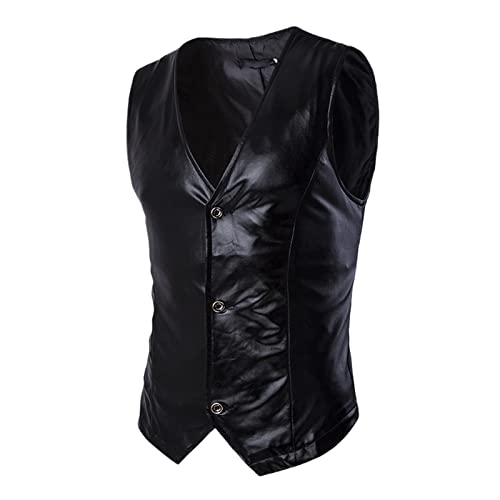 Débardeur homme métal brillant et cuir PVC vintage avec col en V profond
