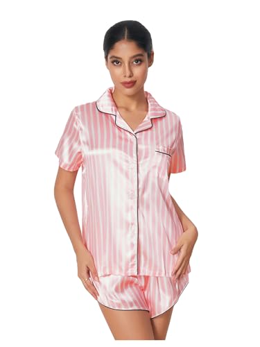 WDIRARA Women's Sleepwear Satin Short Sleeve Shirt and Shorts Pajama Set4