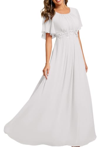 Ever-Pretty Women's Classic Round Neck Pleated Short Sleeves Chiffon Appliques Floor Length A Line Formal Evening Dresses White US14
