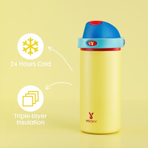 Image of 18 oz Insulated Water Bottle for Kids: Meoky Stainless Steel Water Bottle with 2-in-1 Straw and Spout Lid - Leak Proof, Fits in Car Cup Holder, BPA-Free for Sports School Backpacks, Golden Charm