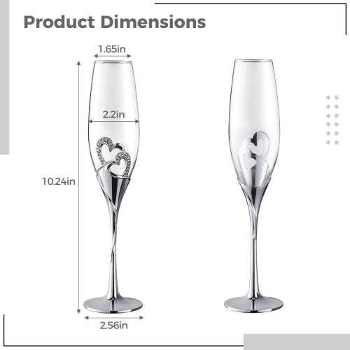 Anjetan 2Pcs Champagne Glasses, Classy Champagne Flutes With Rhinestone Rimmed Hearts, Elegant Silver Toasting Flute Glasses, Gift For Wedding, Anniversary, 200Ml/7Oz #TOP5