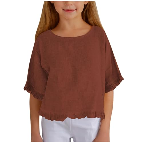 Girls Ruffle Sleeve Shirts Summer Cotton Linen Short Sleeve Kids Casual Crewneck Fashion Flowy Blouse Lightweight