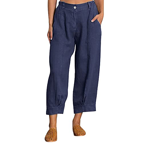Generisch Pantalones de mujer de moda de algodón y lino con cremallera prácticos bolsillos para un look informal suelto, azul, 3XL