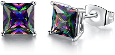 Mens Earrings 18K White Gold Plated Rainbow Quartz CZ 6mm Square Ear Pierced Gemstone Vintage Sparkle Studs Earings for Women Hypoallergenic Jewelry Birthday Valentines Gifts