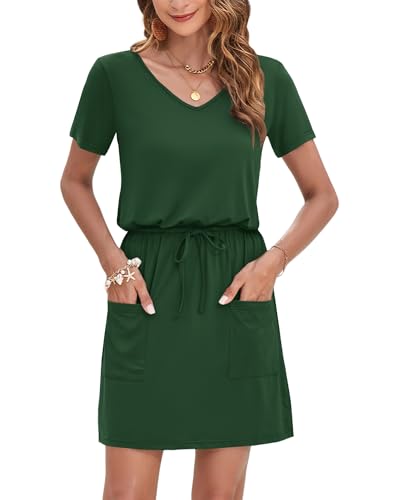 Image of AUSELILY Womens Summer Dresses 2026 Causal Short Sleeve V Neck Tie Front Mini Short Dress with Pockets