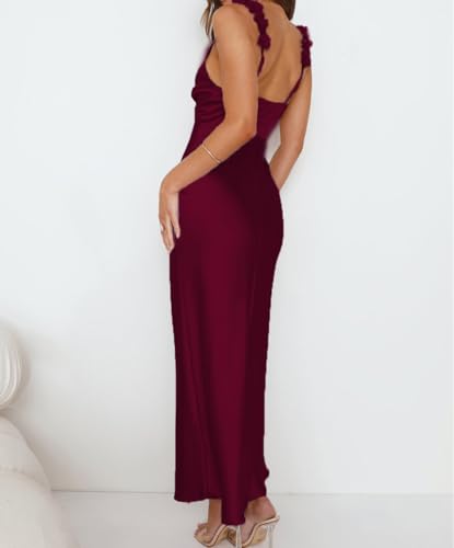 Image of Phicia Summer Satin Spaghetti Strap V Neck Midi Dresses for Women Wedding Guest Elegant Flower Backless Cocktail Formal Dress