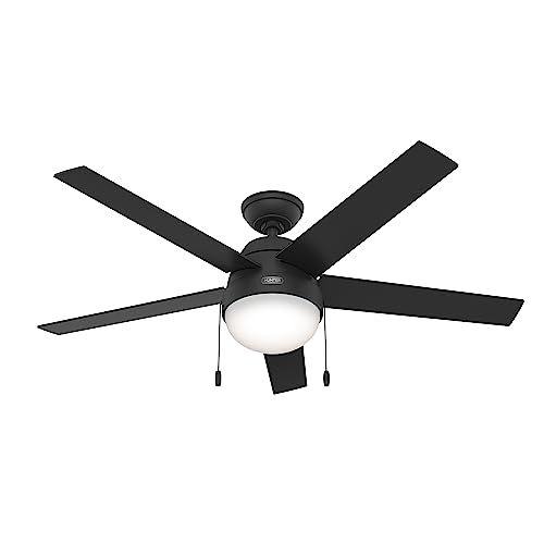 Hunter 52 inch Indoor Ceiling Fan with LED Light - Black Ceiling Fan with Pull Chain, For Bedroom, Living Room, or Kitchen, Standard Mount, No Remote, 5 Blades - Anslee 52385, Matte Black