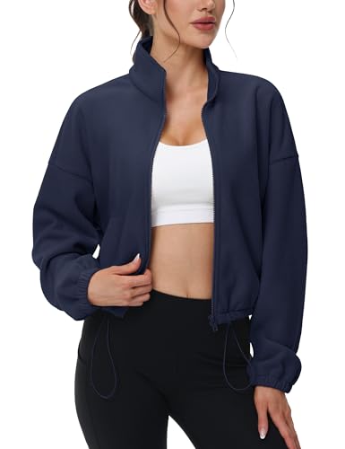 MAGCOMSEN Women's Full Zip Fleece Jacket Cropped Warm Winter Coats with Pockets Stand Collar Workout Top Drawstring Hem