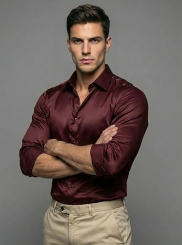 Image of Diverse Men's Satin Casual Shirt | Premium Solid Poly Satin | Wrinkle-Free, Full Sleeve Regular Fit Office, Business Wear