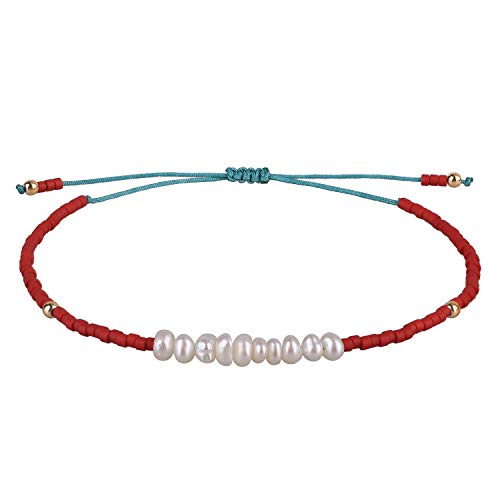 KELITCH Women's Link Bracelets Natural Pearl Seed Bead Rope Adjustable Strand Bracelets Fashion Handmade Gifts for Girl Women (Red)