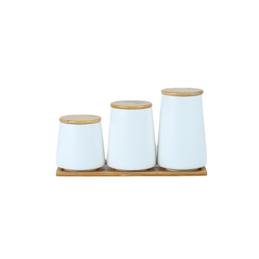 Ceramiczne pojemniki na zapasy z bambusową pokrywką, pojemnik do przechowywania żywności, do herbaty, cukru, kawy, orzechów, białe, A, 3-częściowy zestaw