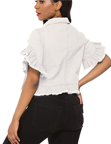Image of Suvimuga Women's Denim Jacket Button Down Distressed Ruffle Sleeve Crop Jean Jackets Coat