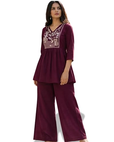 Image of Women's Rayon Kurti Set with Palazzo Pants | Embroidered V-Neck A-Line Short Kurti with 3 /4 Sleeves | Casual Ethnic Co-Ord Set for Daily Wear, Office & Festive