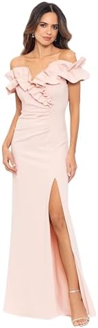 Xscape Womens Long Stretch Scuba Crepe Ruffle Collar Ruched Dress...
