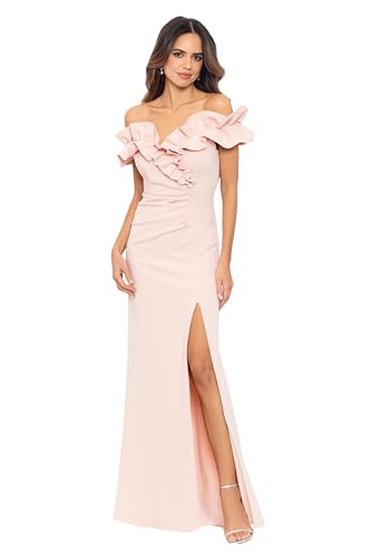 Xscape Women's Long Stretch Scuba Crepe Ruffle Collar Ruched Dress, Blush, 16