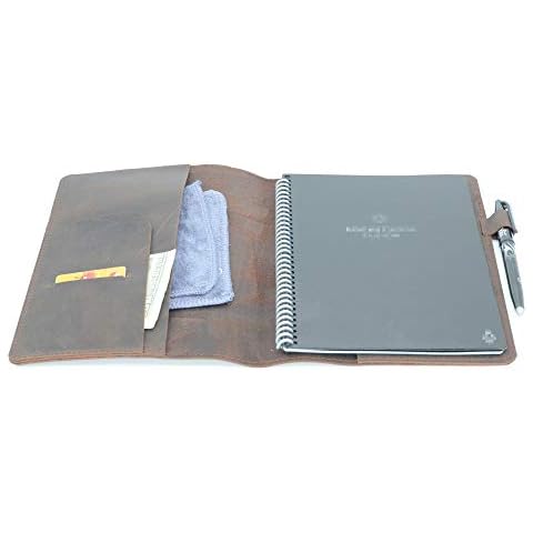 JJNUSA Compatible with Rocketbook Cover Smart Business Genuine Leather Notebook Cover for Everlast, Fusion, Wave, Moleskin A5 with Pen Loop & Business Card Holder, Executive 6" x 8.8" Darbrown Cover