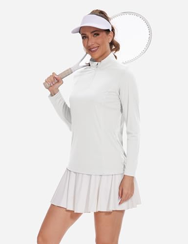 TACVASEN Women's Quarter Zip Pullover Golf Shirts Long Sleeve SPF Shirts Sun Protection Workout Tops White, M