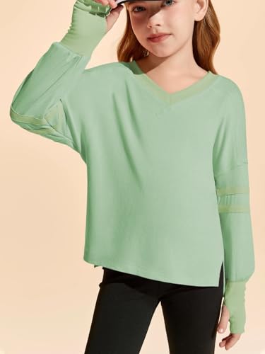 Image of Haloumoning Girls Oversized Long Sleeve T Shirts Kids Casual V Neck Cute Tops Basic Tees with Thumb Holes 4-14Y