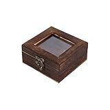 CALFOVERA 3.94×3.94×1.77 Inch Vintage Wooden Storage Box with Glass Lid Metal Clasp Saddle Brown Small Decorative Storage Display Case Keepsake Collector Box for Specimen Collectible Home Organization
