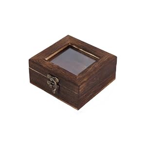 10x10x4.5CM Vintage Wooden Storage Box with Glass Lid Metal Clasp Saddle Brown Small Decorative Storage Display Case Keepsake Collector Box for Specimen Collectible Home Organization