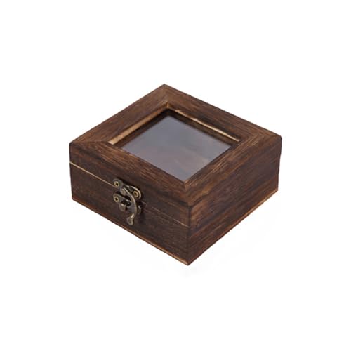 CALFOVERA Caja de Almacenamiento de Madera Vintage de 10 × 10 × 4.5cm con Tapa de Vidrio, Cierre de Metal, Color Marrón Sillín, Pequeña Vitrina Decorativa para Guardar Recuerdos, Colección de Muestras