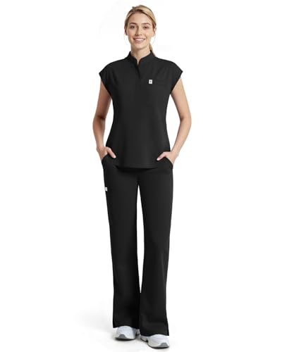 Dvoliaw Women Scrubs Set,Sleeveless Stand Collar Scrub Top,Straight Leg Scrub Pant,11-Pocket Medical Uniform,Yoga Waistband