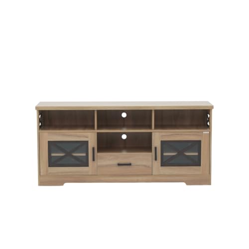 Image of Royaloak Miami American LCD Stand | Wooden TV Cabinet with Melamine Finish | Glass Panel Doors with X-Design | TV Unit for Living Room with Drawer Storage | Elevated Viewing with Telescopic Channels