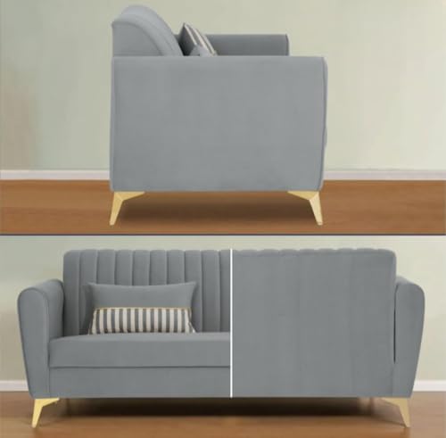 Image of MS Luxury FURNITRE Premium Luster 3-1-1 Sofa Set | Velvet Suede Fabric | 5 Colors and Golden Legs & Striped Pattern Cushion (Grey, 3+1+1)