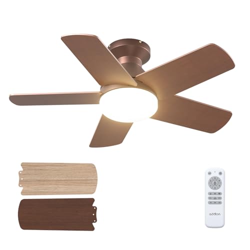 Image of addlon Ceiling Fans with Lights, 32 Inch Low Profile Ceiling Fan with Light and Remote Control, Flush Mount, Reversible, 3CCT, Dimmable, Quiet, Brown Small Ceiling Fan for Bedroom Indoor /Outdoor Use