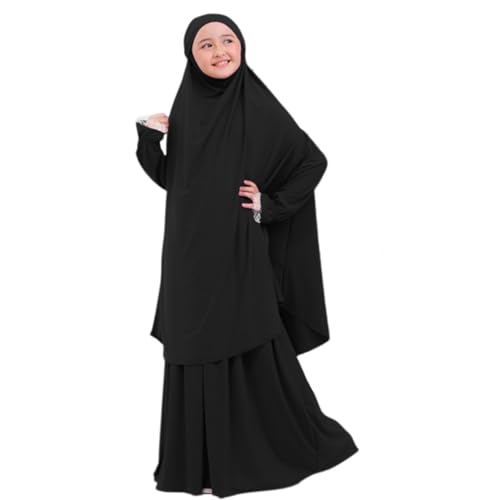 Image of Kids Girls Muslim Islamic Two-piece Outfits Lace Long Sleeve Hijab Dress Abaya and Loose Skirt Full Cover Kaftan
