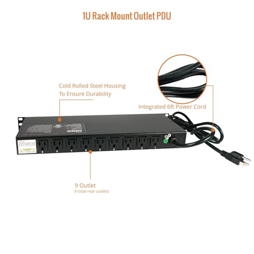 Image of Tecmojo 9-Outlet Rack Mount Overloading Protection Circuit Breaker PDU, with Individual Switch 6ft Cord for IT and Network Racks and Cabinets