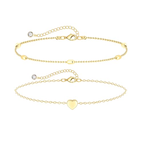 Image of Coshilta Gold Anklets for Women - Waterproof Cuban Link Heart Beads Anklets Set Layered Anklet Bracelets for Women Gold Jewelry