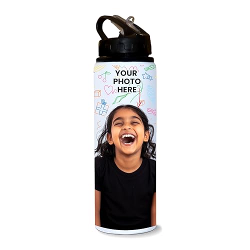 Image of SAVRI Personalized Aluminum Water Bottle Custom Photo Printed with Name 750 ml - Lightweight, Eco-Friendly Design Nozzle Sipper Perfect for gym lovers, runners