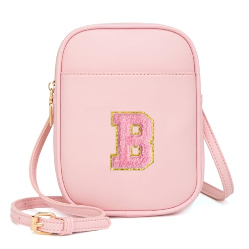 Toddler Purse Initial Crossbody Bags for Girls 3 Pockets PU Leather Cross Body Bag Crossbody Purse Handbag Personalized Preppy Teen Girl Gifts Trendy Stuff (Light Pink B)