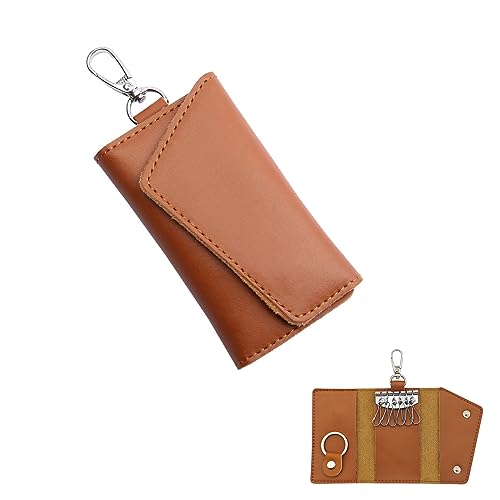 FuninCrea Carteira de couro para chaveiro, estojos para chaves de couro para homens e mulheres, carteira portátil com gancho de metal e chaveiro, bolsa para chave de fecho de pressão, Castanho, S